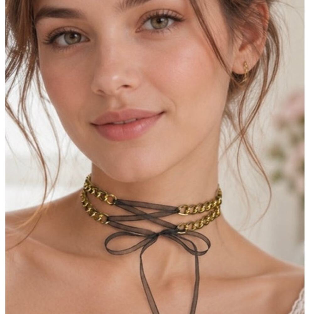 Handmade Glam/Mobwife Front Ribbon Lace-up Goldtone Double Curb Chain Choker